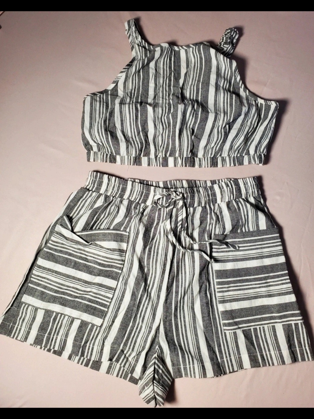 Shein Striped Two-Piece Crop Top & Shorts Set in Black & White